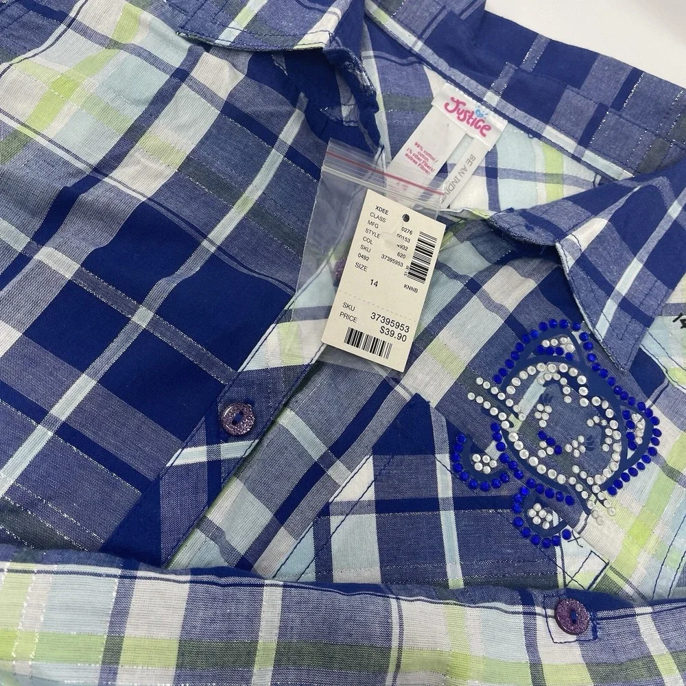NWT Girls Shirt Top Blue‎ Plaid Roll Tab Long 3/4 Sleeve Cowgirl Cottage Prairie